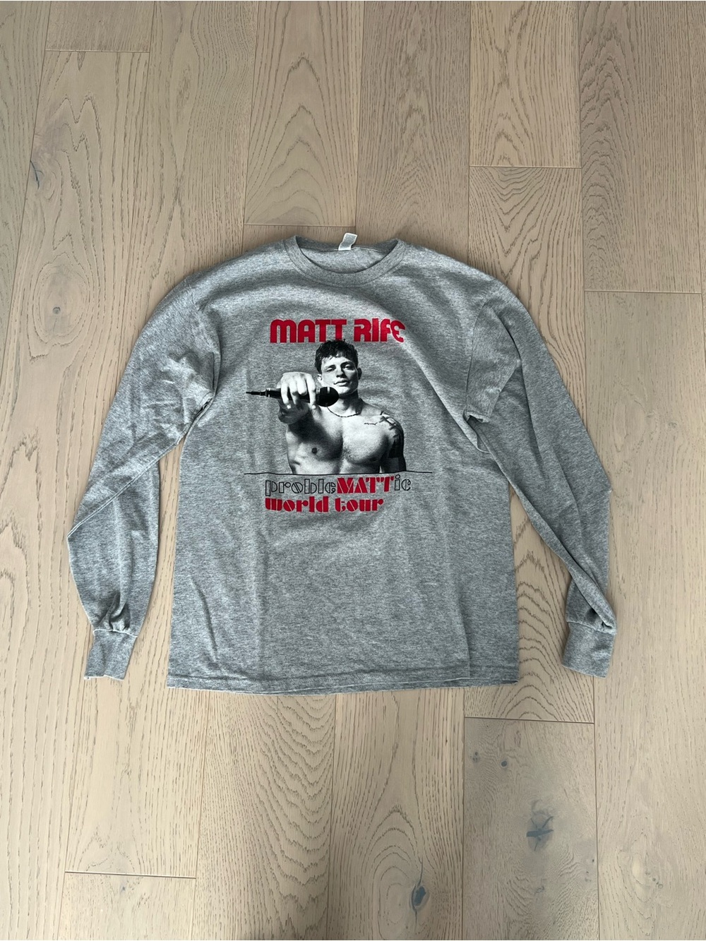 Jerzees Gray Long-Sleeve Matt Rife Graphic Tee with Red Print